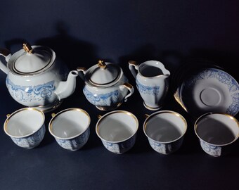 Vintage White Porcelain Tea Set with Blue Patterns, Ornate Ornaments and Gold-Rimmed Splendor,Beautiful,Stunning 13-Piece Tea/Breakfast Set,