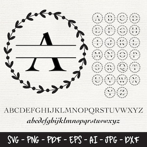May include: A black and white monogram design featuring a wreath with leaves and berries surrounding a capital letter A with a horizontal line above and below the letter. The image also includes a full alphabet of monogram designs in a circle with leaves and berries surrounding each letter.