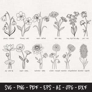 誕生月の花 SVG バンドル、野生の花 SVG、誕生日の花、植物 SVG、花の SVG、花のクリップアート、花のベクター バンドル