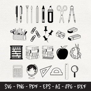 Pacote SVG de material escolar, arquivos Svg do professor, Doodle escolar infantil, SVG de volta às aulas, material escolar Svg, lápis svg, livros Svg, clipart