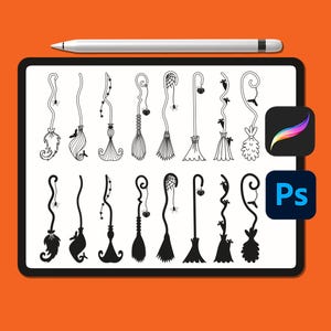 Puede incluir: Un dibujo digital de 16 escobas de bruja diferentes en blanco y negro. Cada escoba tiene un diseño único, incluyendo una araña, una calabaza y una flor.