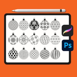 May include: A digital illustration of 18 black and white Christmas ornaments with various geometric patterns, including polka dots, stripes, stars, and snowflakes. The ornaments are displayed on a white background.