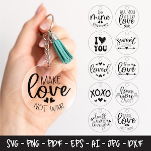 Pacote Svg de chaveiro redondo, chaveiro Svg do dia dos namorados, Svg de amor, citações de amor, chaveiro circular Svg, design personalizado, arquivos DXF para laser