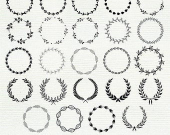 May include: A set of 25 black and white wreath and laurel designs. The wreaths are made of various shapes and sizes of leaves and branches.