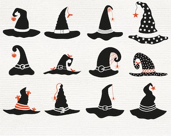 Puede incluir: Una colección de sombreros de bruja negros con varios diseños, incluyendo estrellas, arañas y calabazas. Algunos sombreros tienen hebillas y otros presentan elementos decorativos. La imagen incluye el texto "SVG - PNG - PDF - EPS - AI - JPG - DXF".