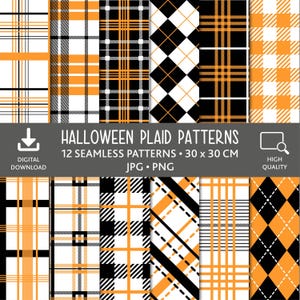 May include: A collection of 12 seamless digital patterns featuring Halloween plaid designs in orange, black, and white. The image displays various grid, diamond, and striped motifs with the text HALLOWEEN PLAID PATTERNS, 12 SEAMLESS PATTERNS, 30 x 30 CM, JPG, PNG.