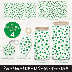 May include: A set of four St. Patrick's Day themed designs featuring a green shamrock and heart pattern. The designs include a 16 oz and 20 oz glass can, a round keychain, and a motel keychain. The text "St. Patrick's Day Set of 4" is displayed in a green circle.