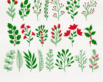 May include: A collection of green and red botanical illustrations, including sprigs, berries, and leaves. The designs are in a flat, minimalist style, perfect for digital crafts. The image includes the file types: SVG, PNG, PDF, EPS, AI, JPG, and DXF.
