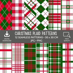 May include: A collection of 12 seamless digital patterns featuring red, green, and white Christmas plaid designs. The image displays various checkered, tartan, and argyle motifs, with text stating CHRISTMAS PLAID PATTERNS, 12 SEAMLESS PATTERNS, 30 x 30 CM, JPG, PNG, DIGITAL DOWNLOAD, and HIGH QUALITY.
