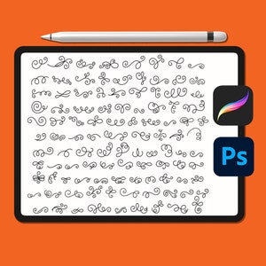 Puede incluir: Una tableta digital muestra una colección de adornos decorativos negros y elementos de diseño. Un lápiz óptico descansa encima. Los iconos de Procreate y Photoshop son visibles. El fondo es naranja.