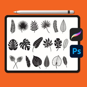 May include: A digital tablet screen displaying a collection of 20 black and white tropical leaf illustrations. The tablet is on a solid orange background. A stylus and a digital art app icon are visible on the screen.