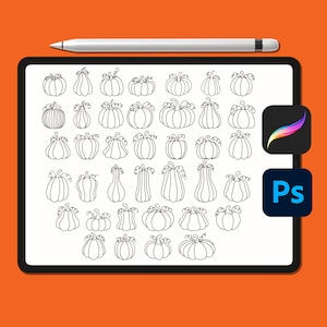 May include: A digital drawing of 36 different pumpkin outlines in black on a white background. The pumpkins are various shapes and sizes, some with swirls and some with stems.