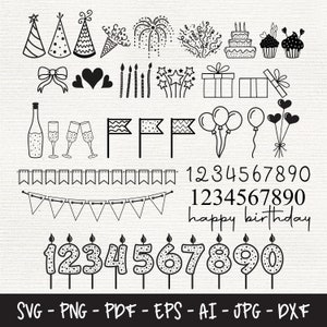 Pacote Svg de Doodle de feliz aniversário, Tema de festa Svg, Festa de aniversário Svg, Bolo de aniversário svg, Celebrações de aniversário, Camisa de aniversário svg