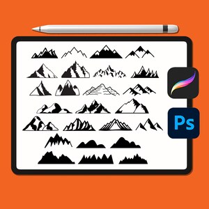 May include: A digital illustration of 20 different mountain range silhouettes in black on a white background. The mountains are drawn in various styles, some with jagged peaks and others with rounded tops.