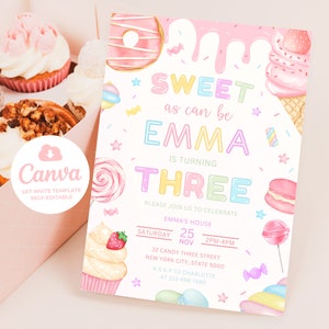 May include: A pink and white birthday invitation with a sweet theme. The invitation features a donut, ice cream cone, cupcake, and candy. The text on the invitation reads "Sweet as can be Emma is turning Three. Please join us to celebrate Emma's House Saturday 25 Nov 2PM-4PM 22 Candy Three Street New York City, State 5000 RSVP to Charlotte at 123-456-7890."