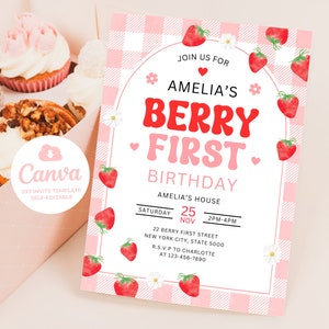 Berry First Birthday Invitation, Berry First Birthday Invite, Strawberry First Birthday Invitation, 5x7 Canva