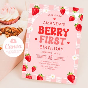 Berry First Birthday Invitation, Berry First Birthday Invite, Strawberry First Birthday Invitation, 5x7 Canva
