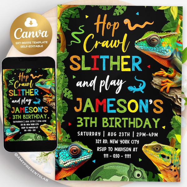 Reptile Birthday Invitation, Reptile Invitation, Jungle Reptiles Invite, 5x7 Canva