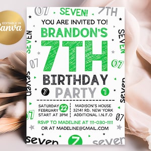 7th Birthday Invitation, 7th Invitation, Editable Boy 7th Birthday Invites, 5x7 Canva