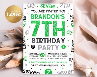 Inbjudan till 7-årsdag, 7-årsinbjudan, redigerbara inbjudningar till pojke, 7-årsdag, 5x7 Canva