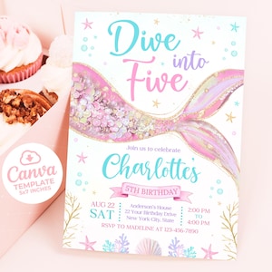Tauch in fünf Einladung, Mermaid Bash unter dem Meer-Geburtstags-Party einladen, Mädchen 5.Geburtstags-Einladung, Meerjungfrau lädt, 5x7 Canva