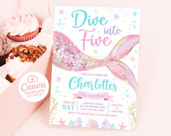 Dive into Five Invitation, Mermaid Bash Under the Sea Birthday Party Invite, Girl 5th Birthday Invitation, Mermaid Invites, 5x7 Canva