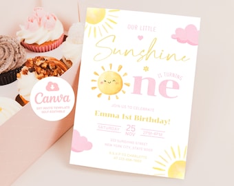Sunshine First Birthday Invitation, Sun Invitation, Our Little Sunshine 1st Birthday Invitation, 5x7 Canva
