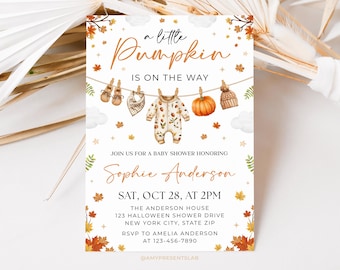 May include: Baby shower invitation with the text "a little Pumpkin is on the way." The invitation features illustrations of baby clothes, a pumpkin, and autumn leaves. The invitation is for Sophie Anderson's baby shower on October 28th.