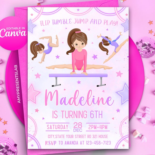 Gymnastics Birthday Invitation, Gymnastics Party Invitation, Girl Gymnasts Birthday Invite, 5x7 Canva