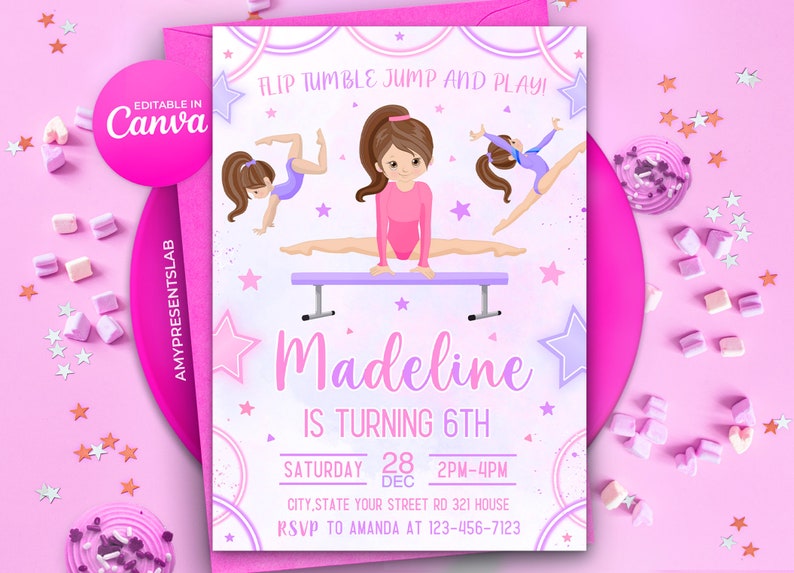 Gymnastics Birthday Invitation, Gymnastics Party Invitation, Girl