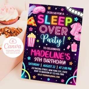 Sleepover Birthday Invitation, Sleepover Invitation, Slumber Party Birthday Invite, Pajama Party Invites, 5x7 Canva