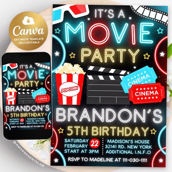Movie Night Birthday Invitation, Movie Party Invitation, Cinema Invitation, Editable Kids Birthday Invitation, 5x7 Canva