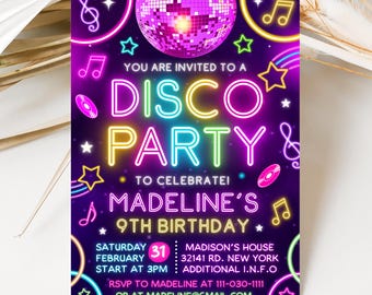 Disco Party Birthday Invitation, Disco Invitation, Editable Kids Dance Disco Party Birthday Invitation Template AMY070