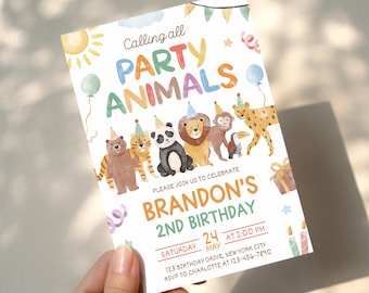 Calling All Party Animals in Birthday Hats Kids Invitation, Party Animals Birthday Invite Template AMY042