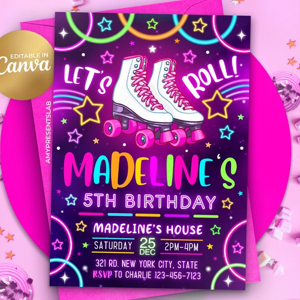 Roller Skate Birthday Invitation, Roller Skating Invitation, Editable Kids Birthday Invitation, 5x7 Canva