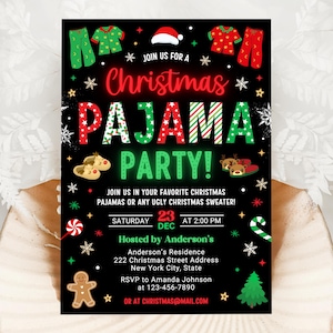 Christmas Pajama Party Invitation, Pajama Invitation, Christmas Party Invitation, Holiday Party Invite, 5x7 Canva image 3