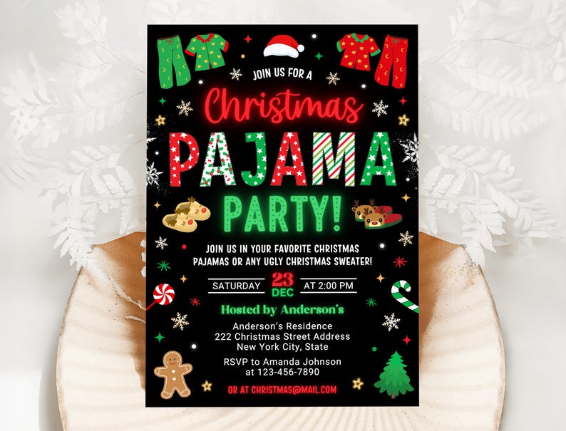 Christmas Pajama Party Invitation, Pajama Invitation, Christmas Party Invitation, Holiday Party Invite, 5x7 Canva image 3