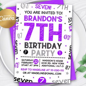 7th Birthday Invitation, 7th Invitation, Editable Boy 7th Birthday Invites, 5x7 Canva