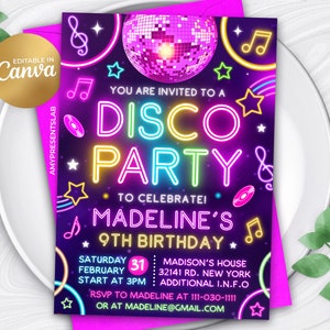 Discofeest verjaardagsuitnodiging, disco-uitnodiging, bewerkbare Kids Dance Disco Party verjaardagsuitnodiging, 5 x 7 canvas afbeelding 2
