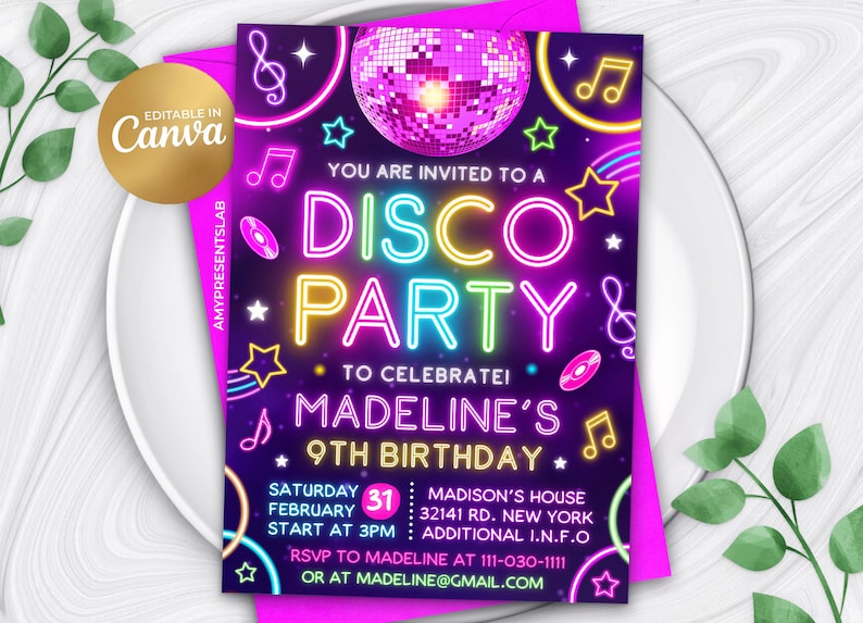 Discofeest verjaardagsuitnodiging, disco-uitnodiging, bewerkbare Kids Dance Disco Party verjaardagsuitnodiging, 5 x 7 canvas afbeelding 2
