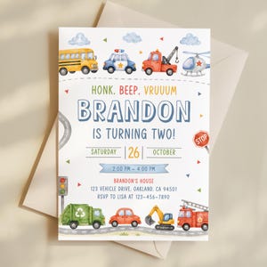 Transportation Birthday Invitation, Honk, Beep, Choo Choo, Truck and Cars Invite Template AMY002 image 4