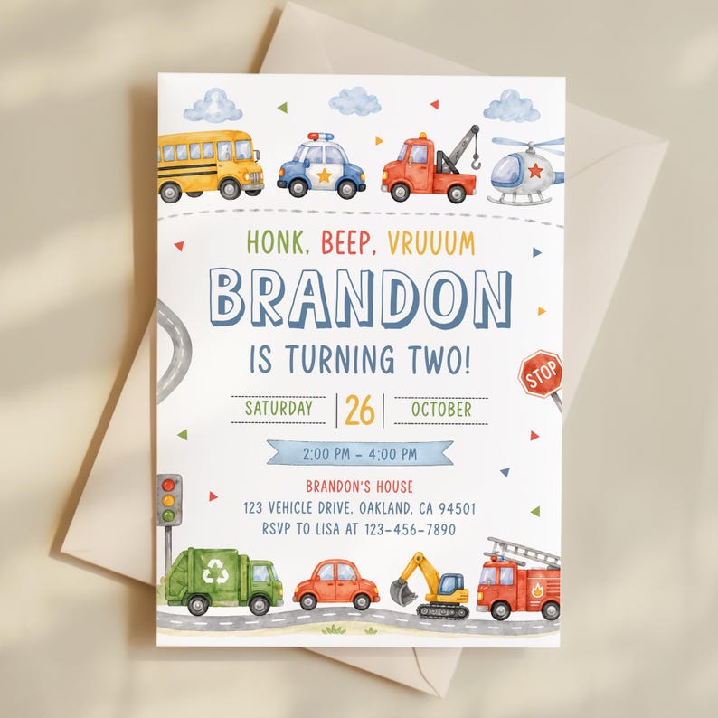 Transportation Birthday Invitation, Honk, Beep, Choo Choo, Truck and Cars Invite Template AMY002 image 4