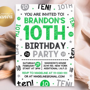 Faire-part 10e anniversaire, 10e invitation, invitations 10e anniversaire garçon modifiables, toile 5 x 7