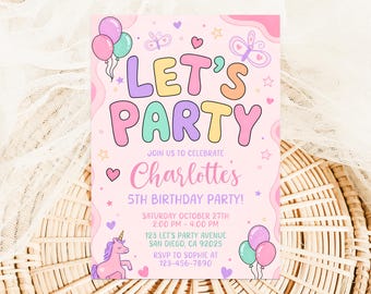 Simple Colorful Birthday Invitation, Girl Pastel Cheerful Birthday Party Invite Template AMY016