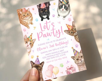 Cat Birthday Invitation, Let's Pawty Animals Birthday Invite, Cat Invitation, Kitten Party Invite Template AMY041