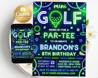 May include: Neon green and blue golf-themed birthday party invitation with a golf ball and golf club graphics. The invitation says "Mini Golf Swing by for a Par-Tee to Celebrate Brandon's 8th Birthday".