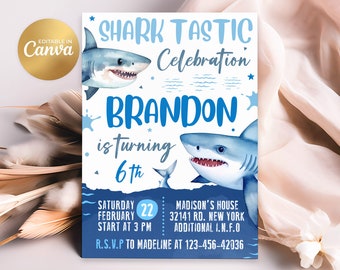 Shark Birthday Invitation, Shark Invitation, Kids Birthday Party Invites, 5x7 Canva