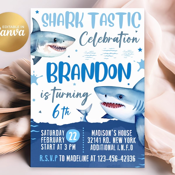 Shark Birthday Invitation, Shark Invitation, Kids Birthday Party Invites, 5x7 Canva
