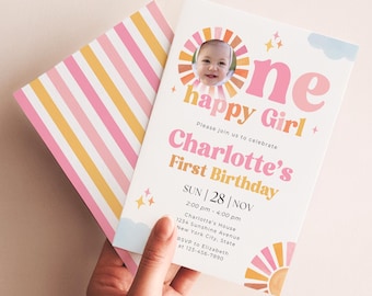 ONE Happy Girl 1st Birthday Invitation, Girl First Birthday Sunshine Theme Photo Invite Template AMY056