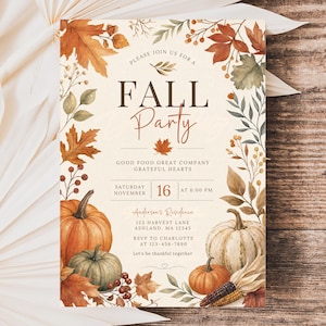 Könnte beinhalten: Eine rechteckige Einladungskarte mit cremefarbenem Hintergrund und Aquarellillustrationen von Herbstblättern, Beeren und Kürbissen. Der Text lautet: Please join us for a Fall Party, Good Food Great Company Grateful Hearts, Saturday November 16 at 6:00 PM, Anderson's Residence, 123 Harvest Lane, Ashland, MA 12345, RSVP to Charlotte at 123-456-7890, Let's be thankful together.